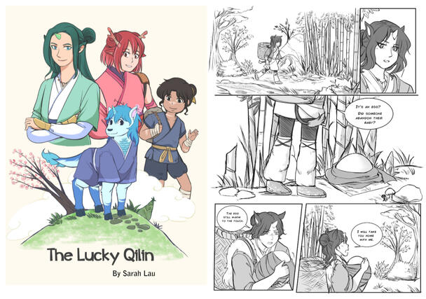 Cover art of a mythical beast with a smile, three characters behind him. A lady with green hair, long robes. A pink dragon girl with sleeveless shirt.