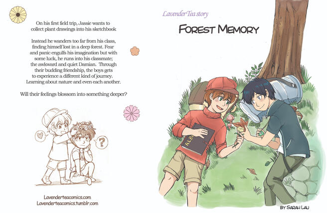 Scene of two boys smiling at each other. They lay down in the grass beside a tree. Jasper wears a red jersey and khaki shorts. Damian is wearing a dark blue jacket and white shirt, looks at him while holding a leaf.